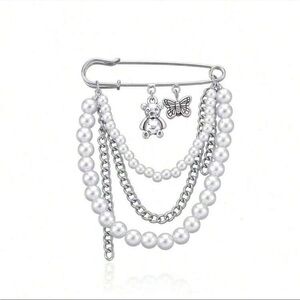 Pearl & Chain Brooch - Butterfly & Teddy Bear Safety Pin Design Cute w Blazer 🧸